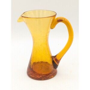 VTG Amber Crackle Glass Mini Pitcher 5" MCM Hand Blown Rainbow Pilgrim Blenko